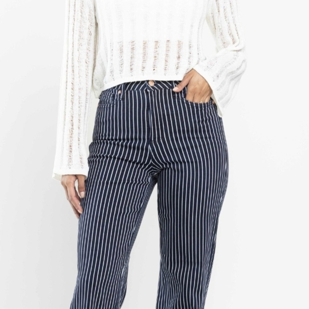 Judy Blue Navy and White Striped Straight Leg Jeans